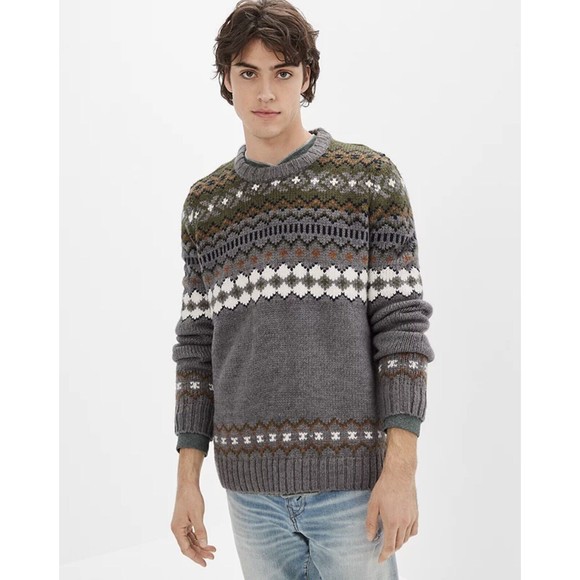 American Eagle Gray Super Soft‎ Men’s FairIsle Crew Neck Sweater NWT Size XL - Picture 1 of 11